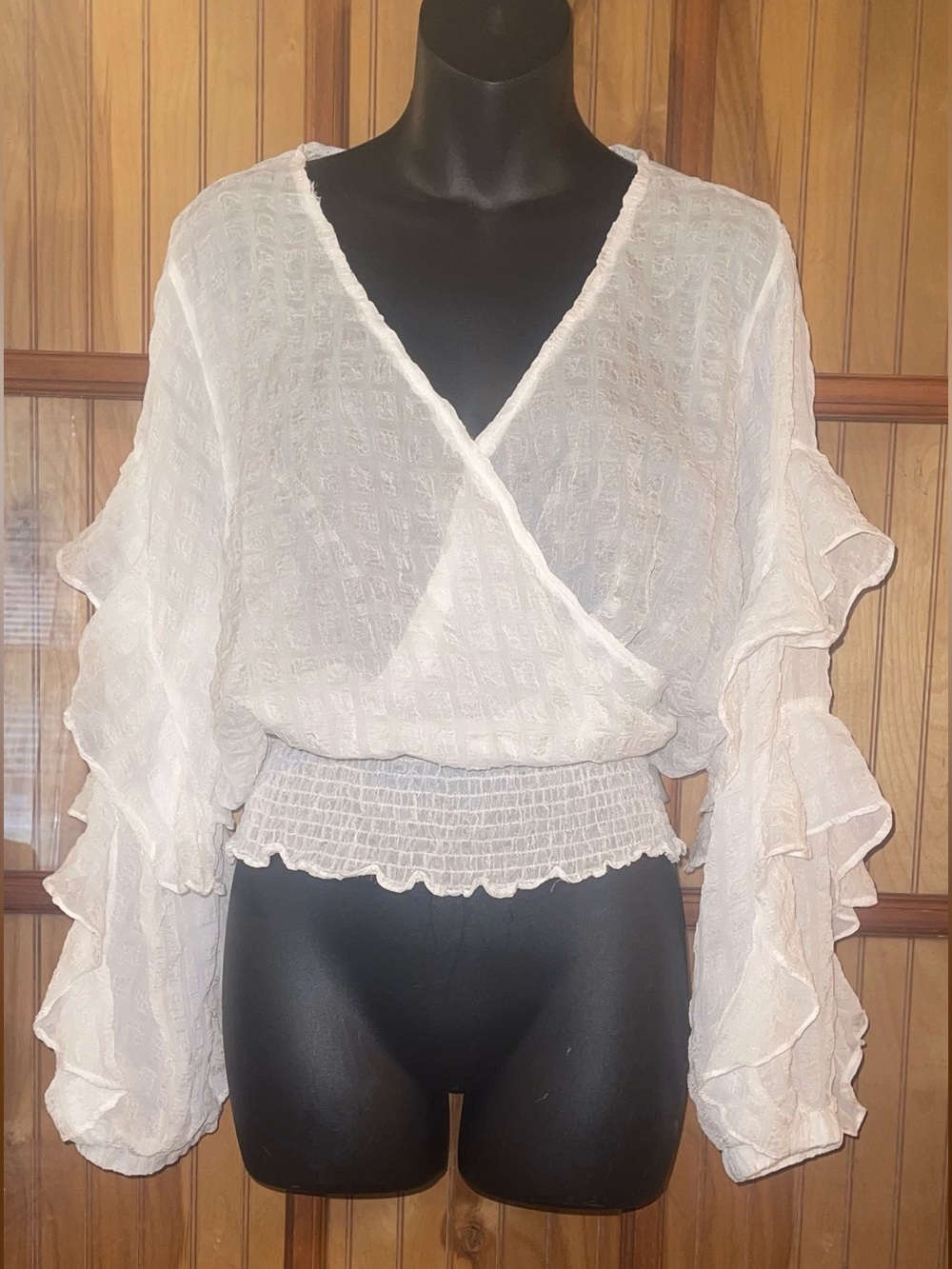 Sheer Ruffle Sleeve White Women's Blouse